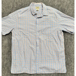 L.L. Bean SEERSUCKER Orange Blue Check Plaid Short Sleeve Shirt Vintage XL TALL